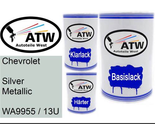 Chevrolet, Silver Metallic, WA9955 / 13U: 500ml Lackdose + 500ml Klarlack + 250ml Härter - Set, von ATW Autoteile West.